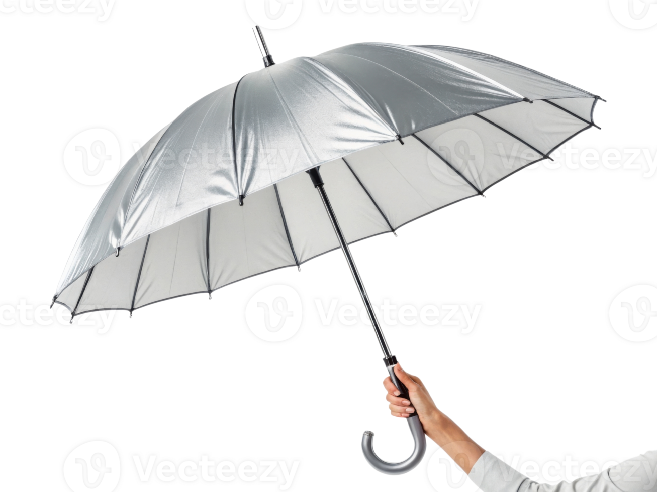 person holding silver umbrella, showcasing its unique design and functionality, perfect for protection against rain or sun png