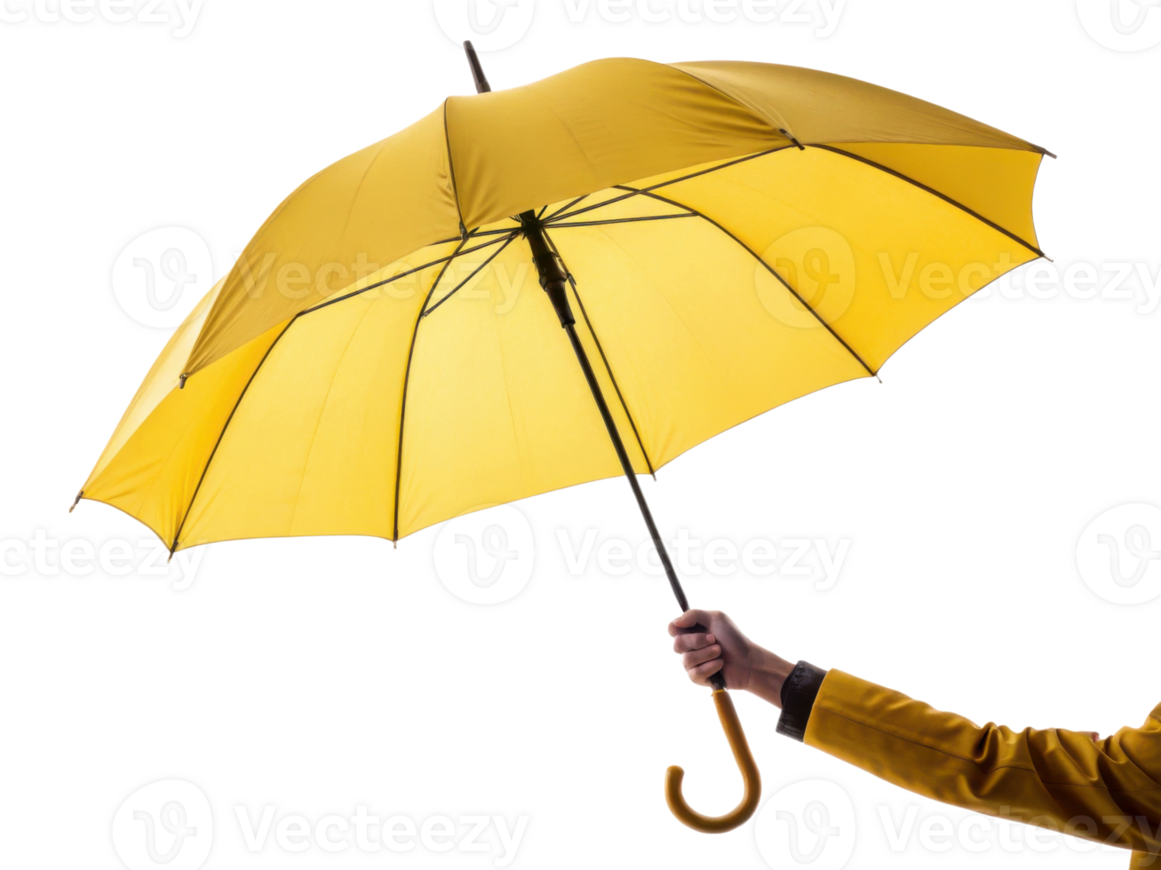 vibrant yellow umbrella held by hand, symbolizing protection and cheerfulness on rainy day png