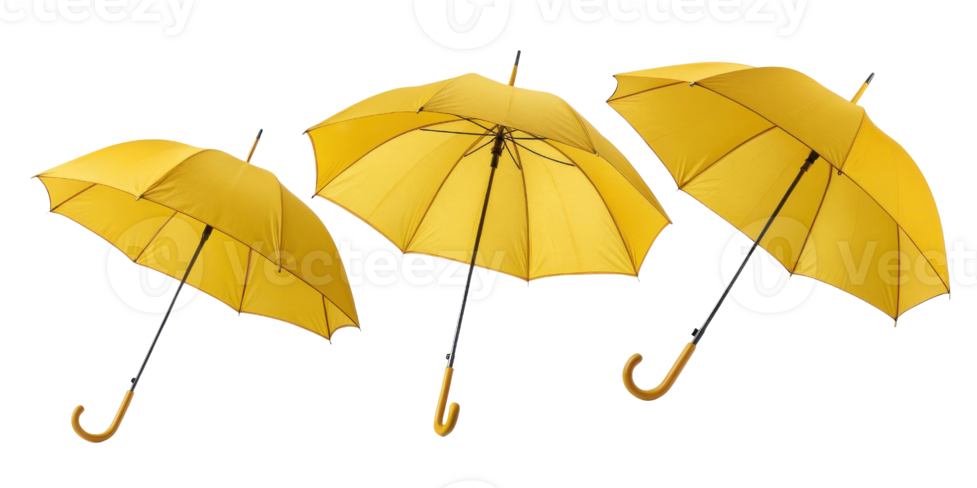 Bright yellow umbrellas in various positions, showcasing their vibrant color and design, perfect for rainy days or outdoor events png