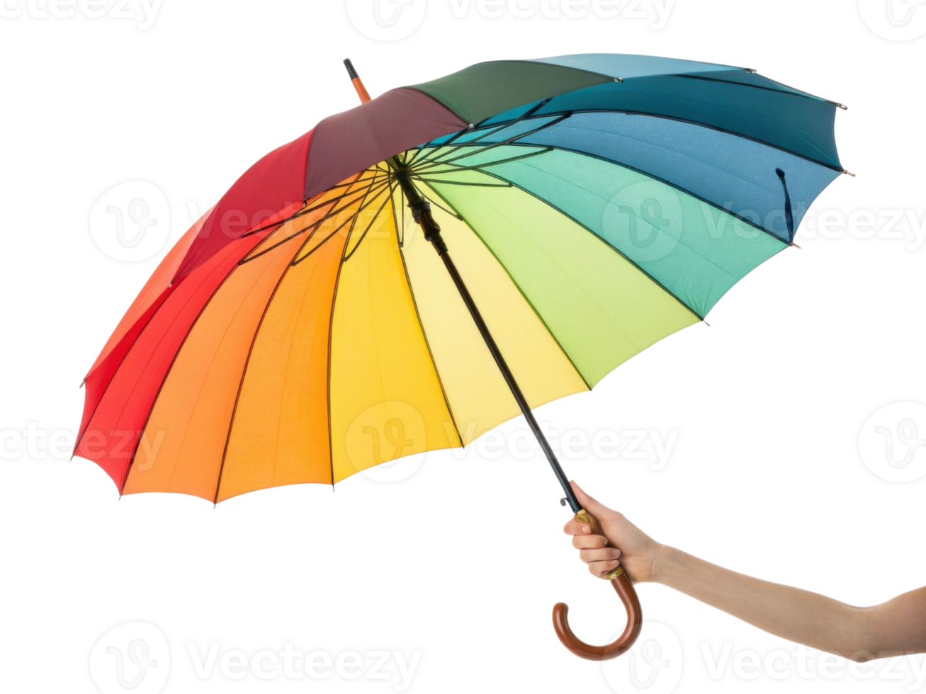 vibrant rainbow umbrella held by hand, showcasing spectrum of colors from red to green, perfect for brightening up rainy day png