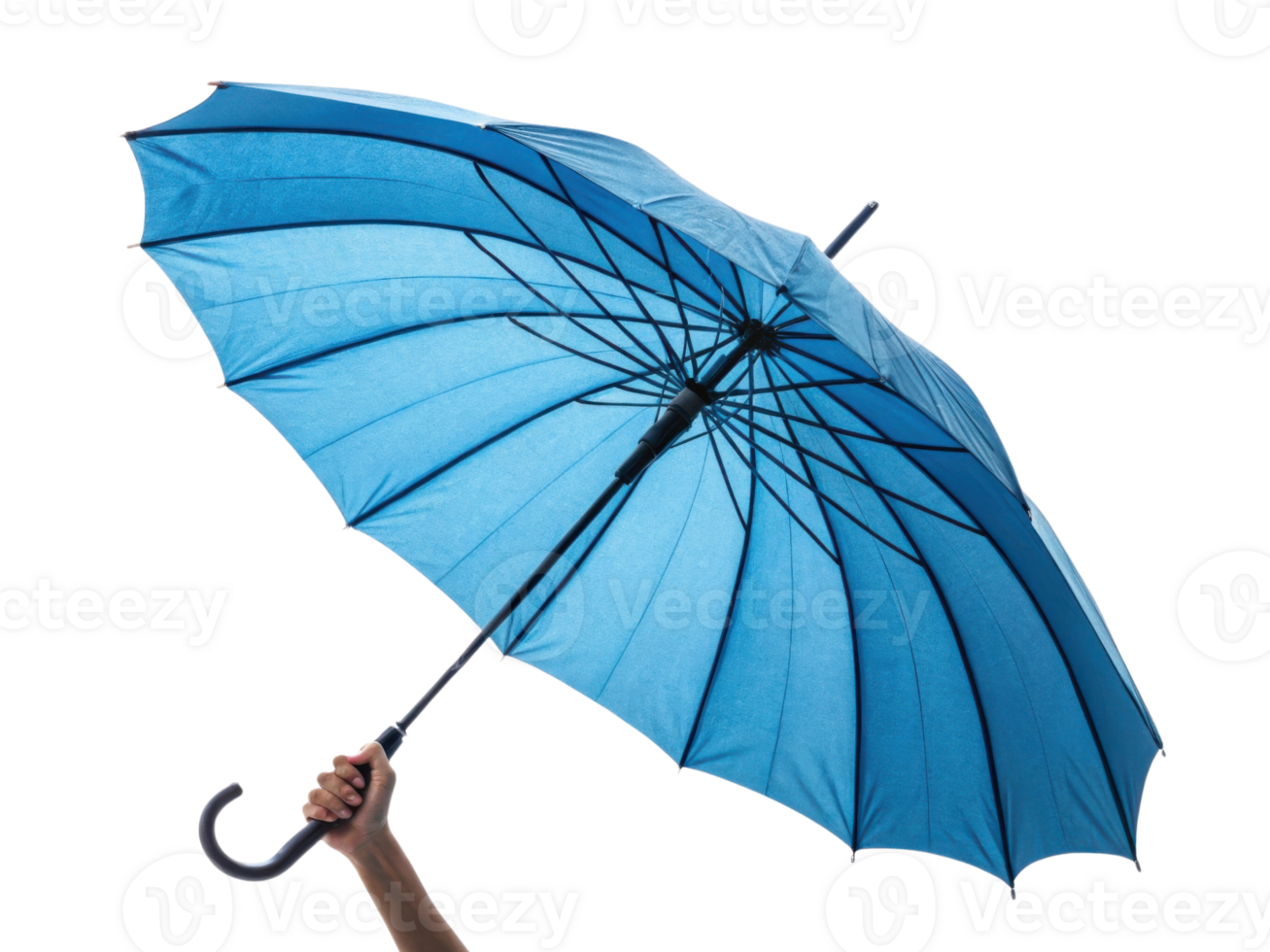 person holding blue umbrella with unique design, showcasing its vibrant color and structure, perfect for rainy days png