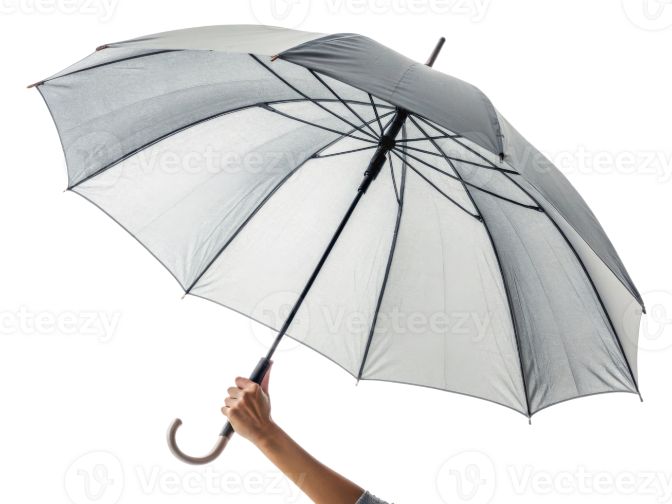 stylish umbrella held by hand, showcasing sleek design with light gray color and unique structure, perfect for rainy days png