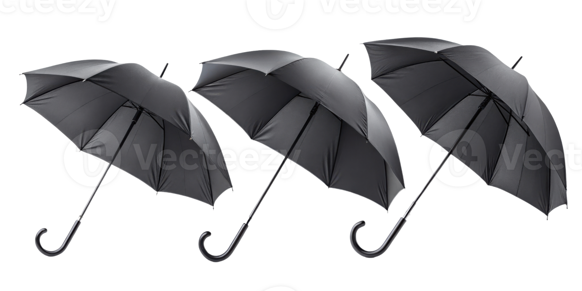Three black umbrellas arranged in row, showcasing their sleek design and functionality, perfect for rainy weather png