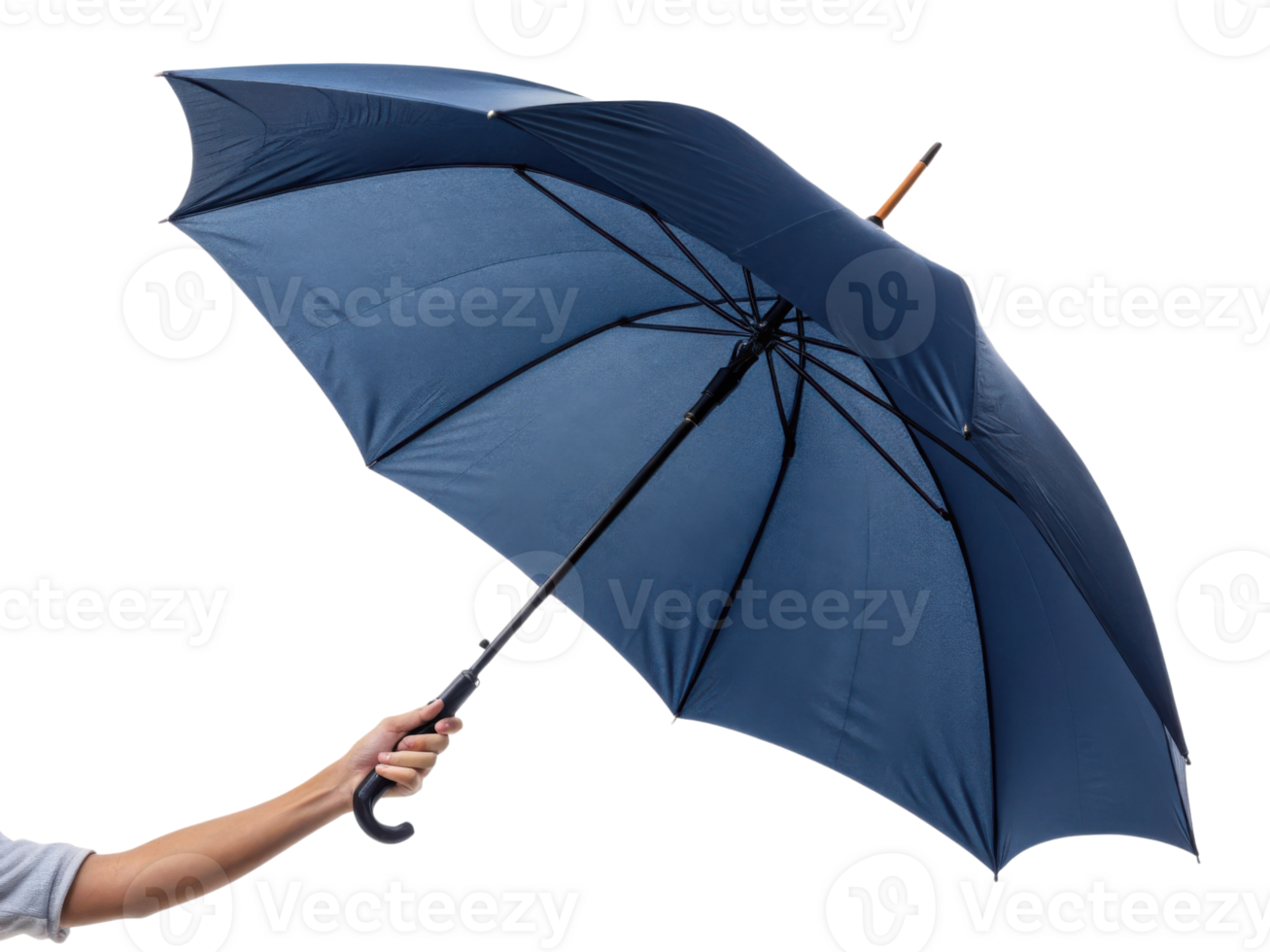 person holding blue umbrella, showcasing its elegant design and functionality. umbrella is open, providing protection from rain or sun png