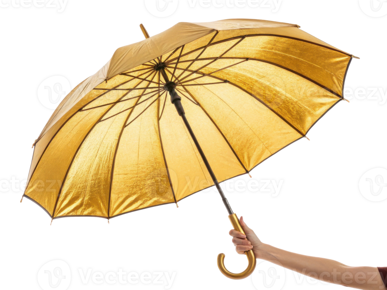 shiny golden umbrella held by hand, showcasing its elegant design and vibrant color, perfect for adding touch of luxury to any rainy day png