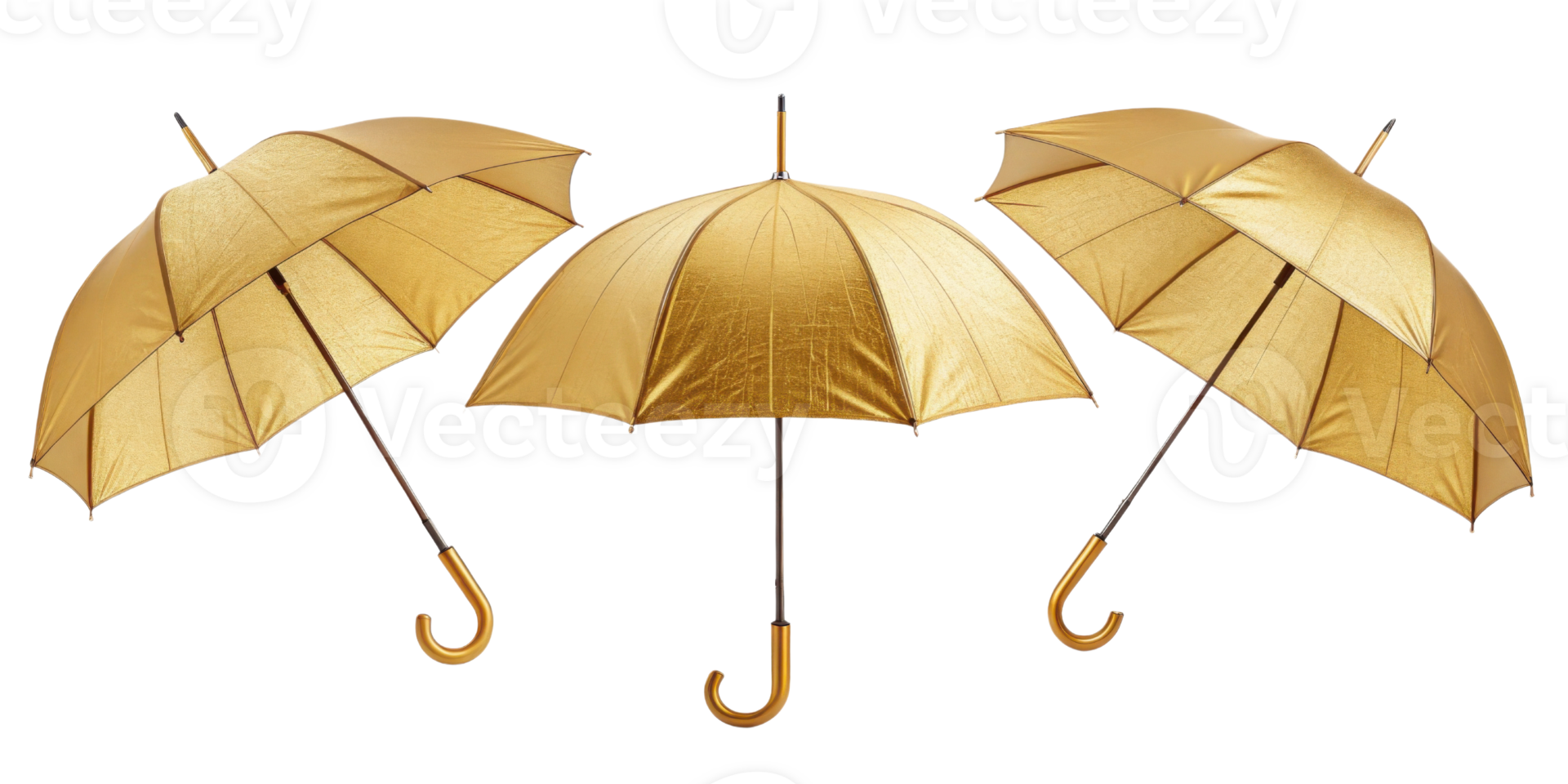 set of three elegant golden umbrellas with shiny finish, showcasing their unique design and luxurious appearance. Perfect for stylish protection png