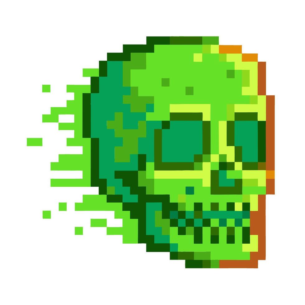 pixel art green skull, digital glitch effect retro gaming, abstract cyberpunk, futuristic artwork vector