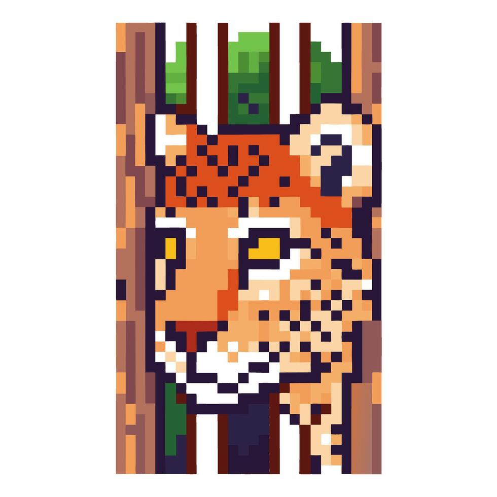 Pixel art cheetah behind bars in nature blocky wildlife illustration vector