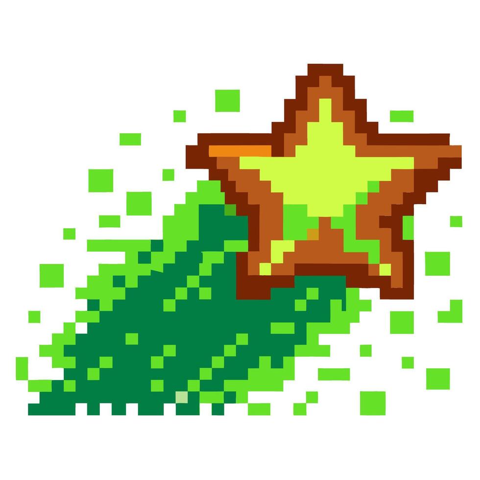 Pixel art shooting star with green trail retro digital game icon, 8 bit design concept vector