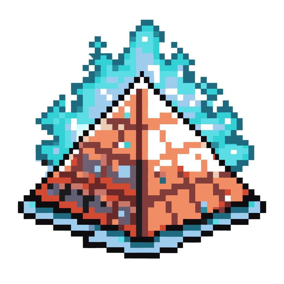 Pixelated pyramid with turquoise flame, retro game art, glowing fantasy symbol, nostalgic digital design vector