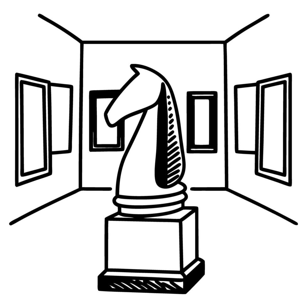 knight chess piece in art gallery, black and white line art abstract illustration, strategic game, artistic representation vector