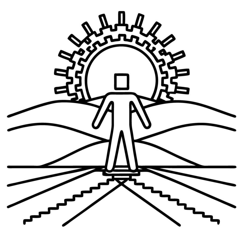 Abstract human figure standing on a path with mechanical sun and mountains future technology and progress concept vector
