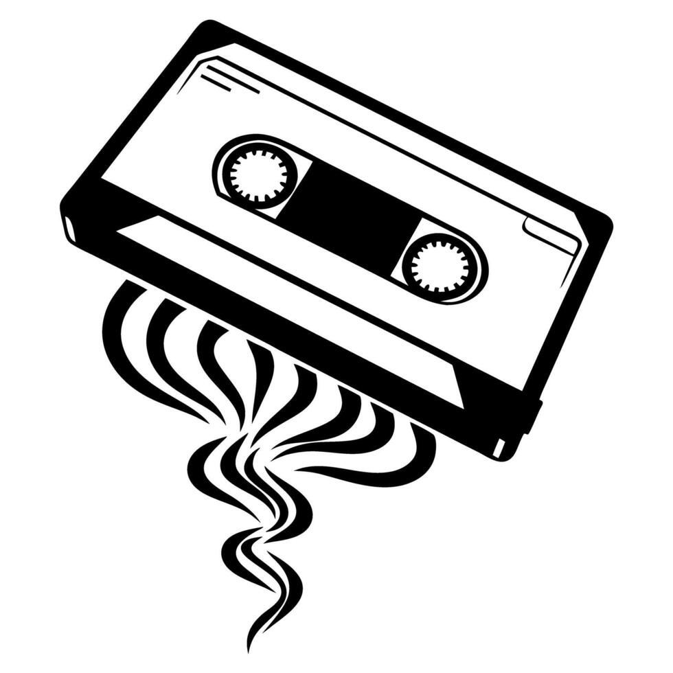 retro cassette tape design with swirling tape unraveling, black and white illustration echoes nostalgic music era vector