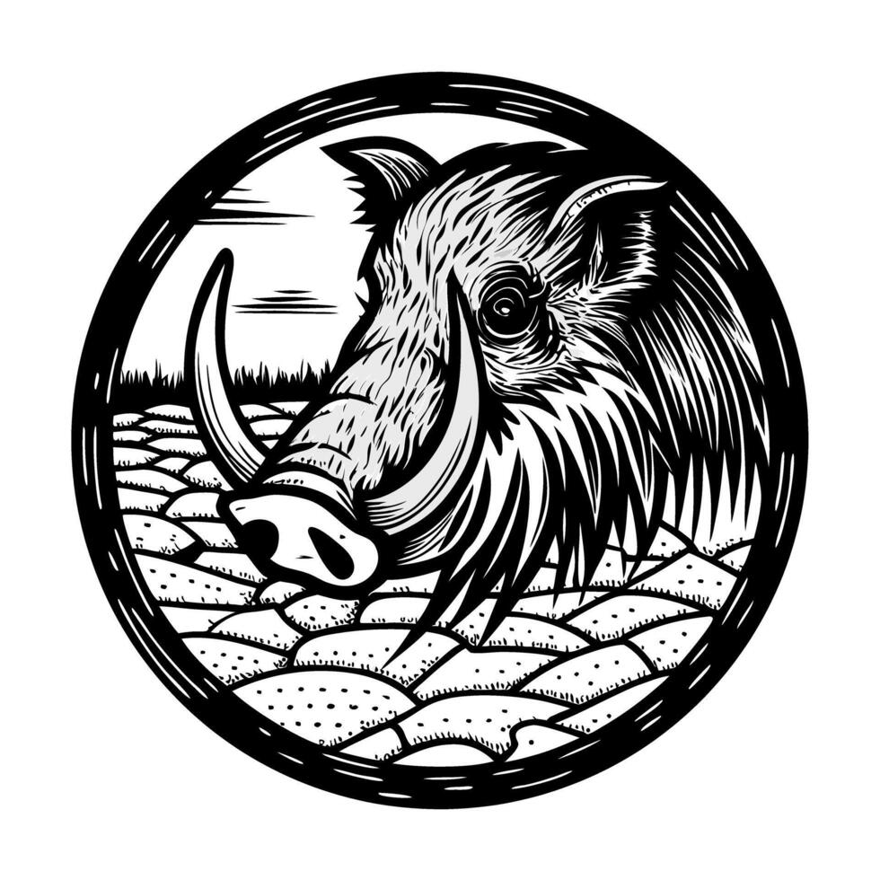 Wild boar illustration with tribal art style, monochrome forest background vector