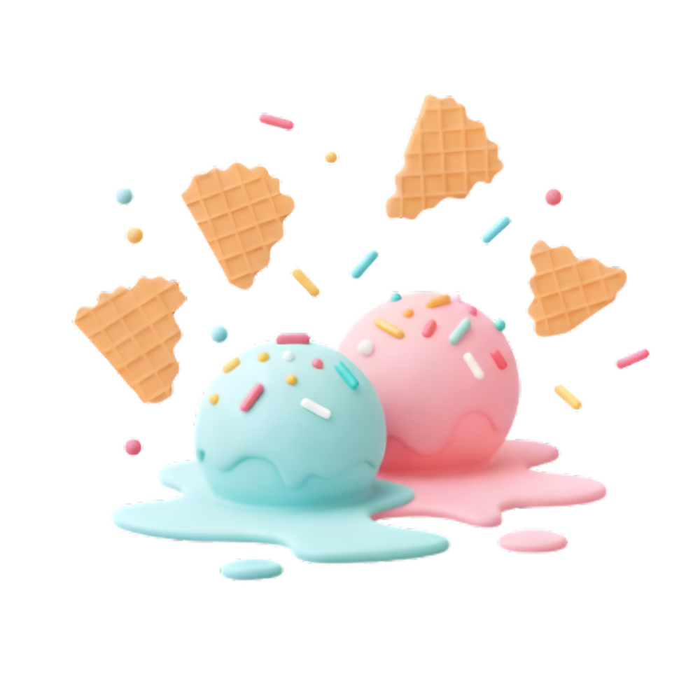 Delicious melted ice cream scoops with sprinkles and waffle cones png