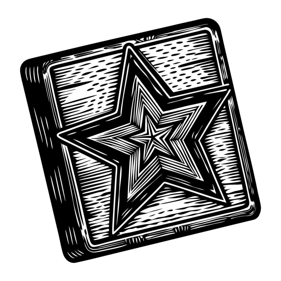 Intricate woodcut star design on tilted square block, monochrome illustration vector