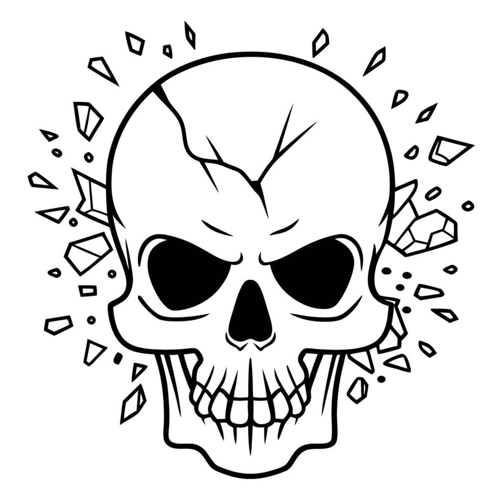 Cracked skull illustration with shattered fragments in dynamic black and white design vector