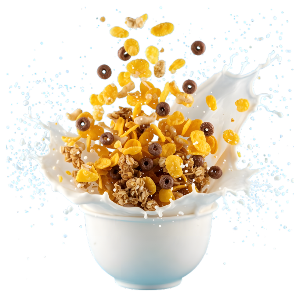 Corn flakes with milk splash in white bowl png