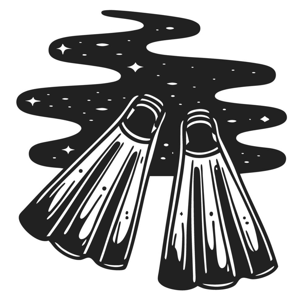 Vintage dive snorkeling fins and ocean waves retro graphic design vector