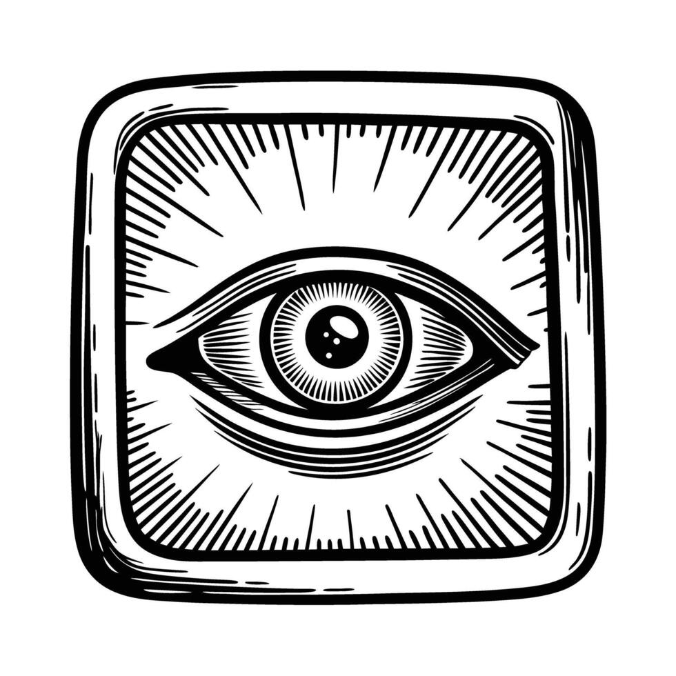 illustrated all seeing eye with radiant lines in square frame vector