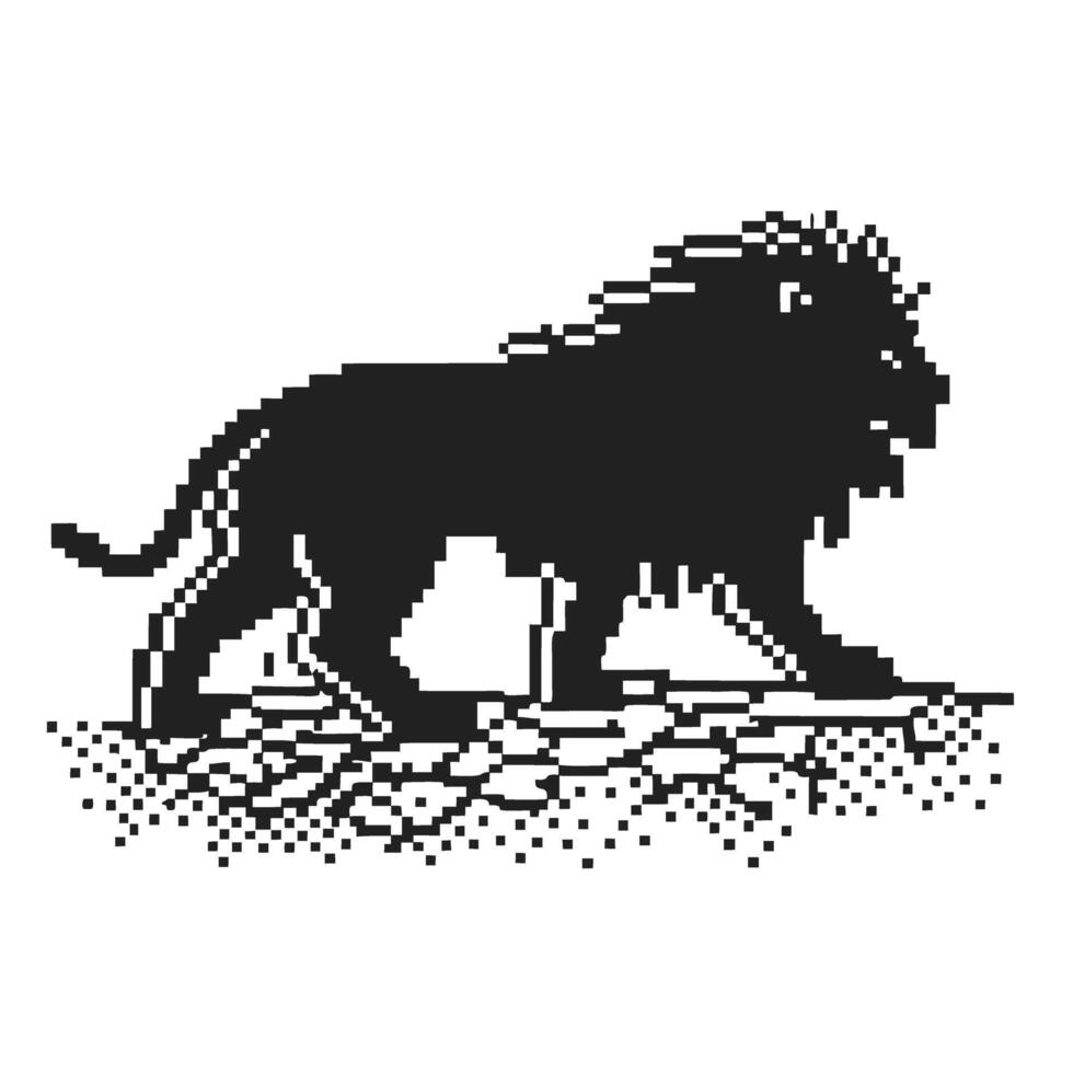 Pixel art silhouette of a walking lion on rocky terrain vector