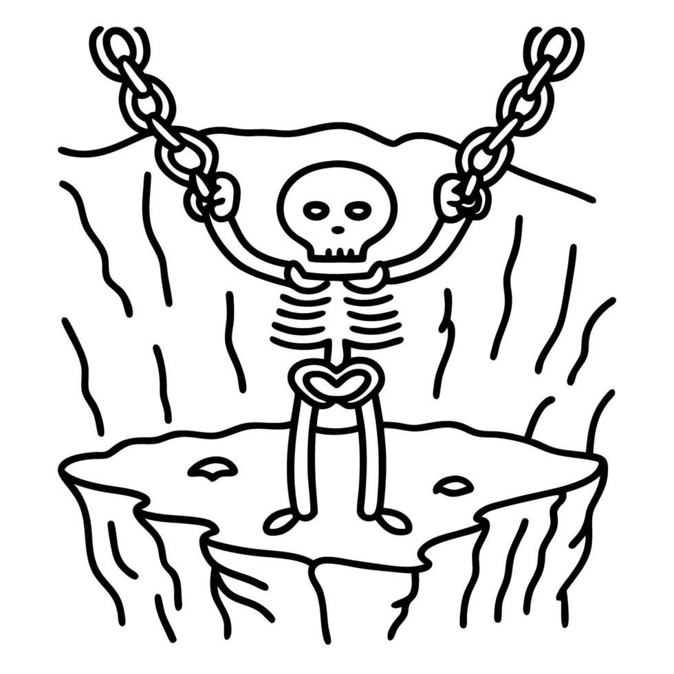 Skeleton breaking free with chains on cliff, representing liberation and defiance vector