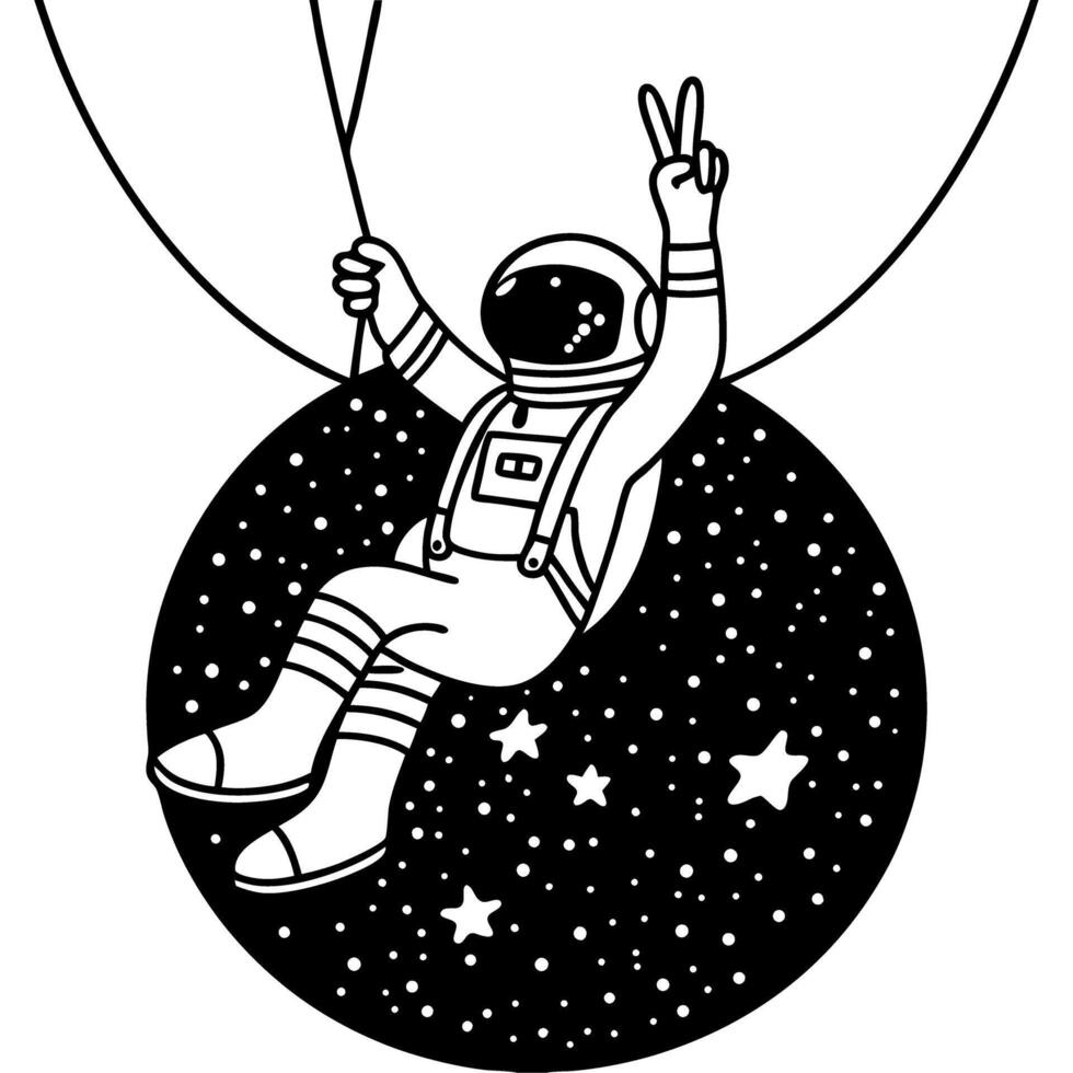 astronaut floating on a starry planet, making peace sign in space black and white illustration of cosmic exploration and adventure vector