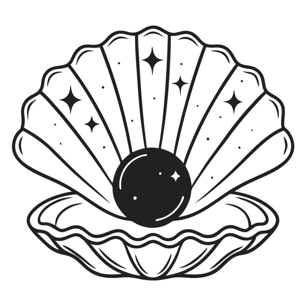 Open clam with pearl in vintage line art elegant seashell design, luxury ocean treasure concept vector