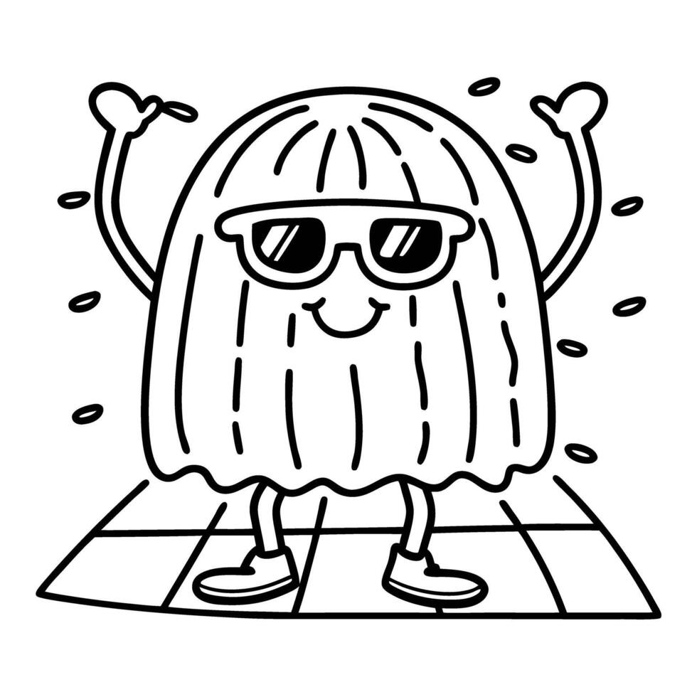 Dancing jelly with sunglasses on checkered floor, happy and fun character illustration vector