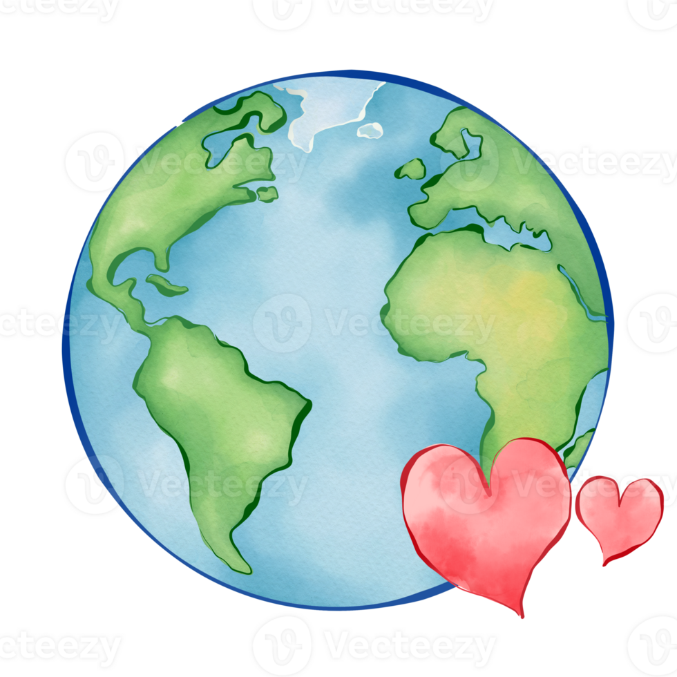 Watercolor earth illustration with outline and hearts for earth day. png
