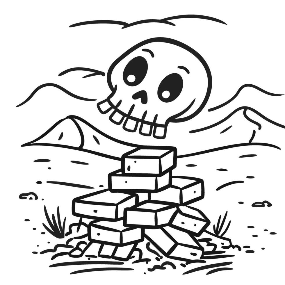 skull and bricks in desert landscape surreal illustration of minimalistic scene with mountains vector