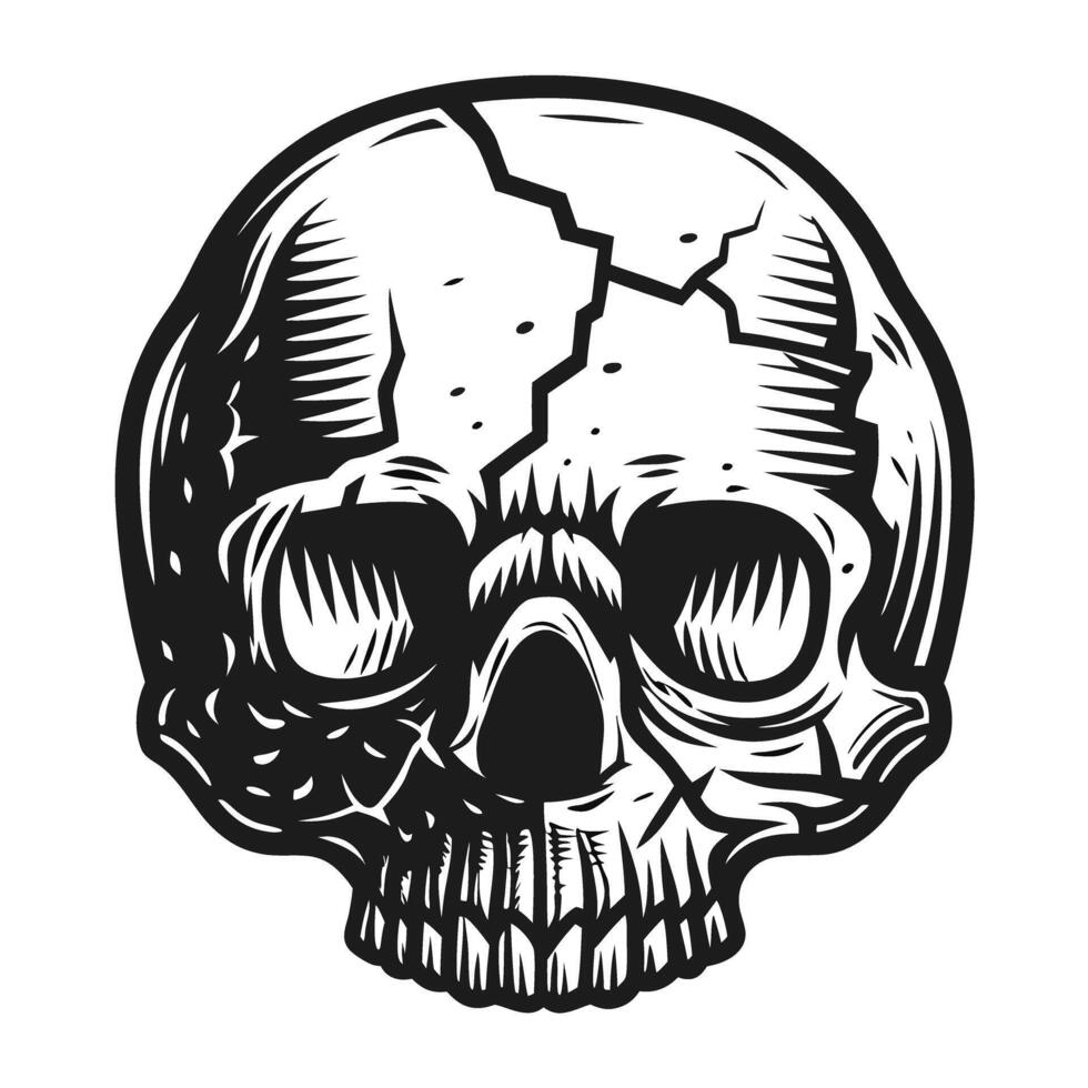 Intricate black and white cracked skull illustration with detailed shading and lines vector