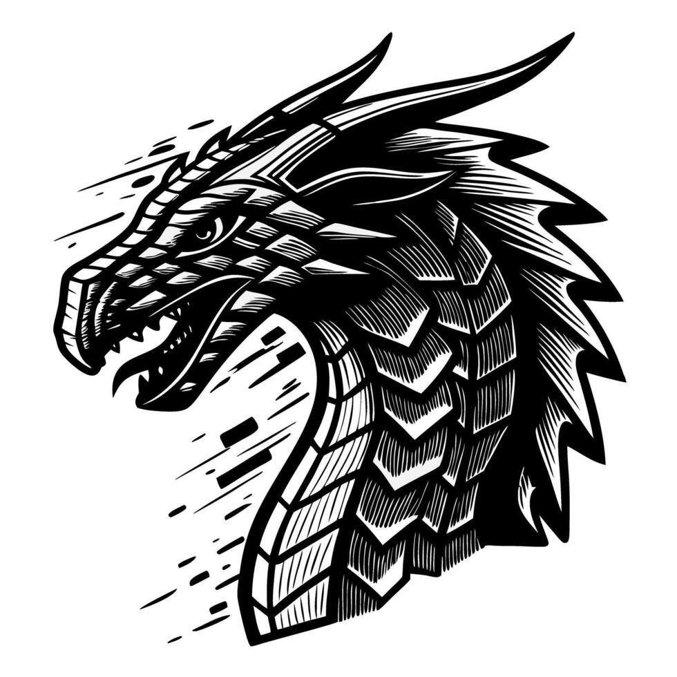 Intricate dragon head illustration with scales and horns, dynamic and fierce fantasy art vector