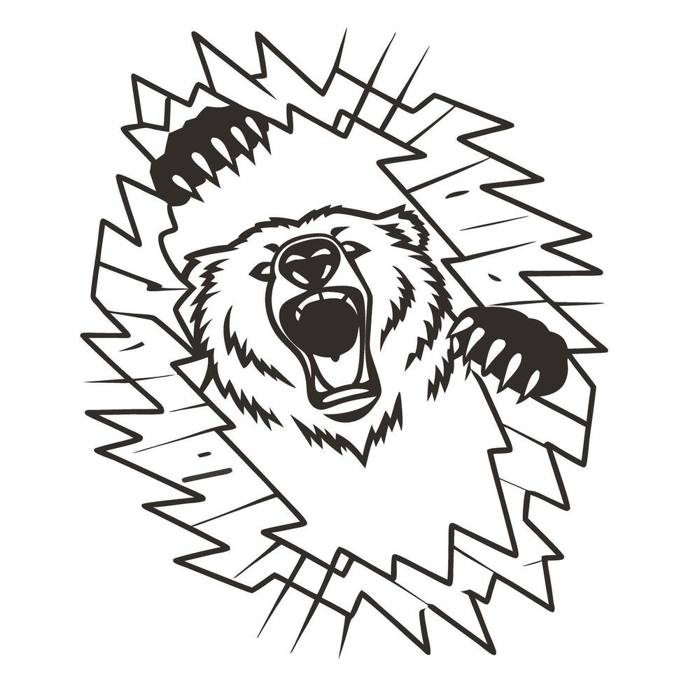 Fierce bear breaking through barrier with powerful claws aggressive wildlife symbol, strong and bold animal energy vector