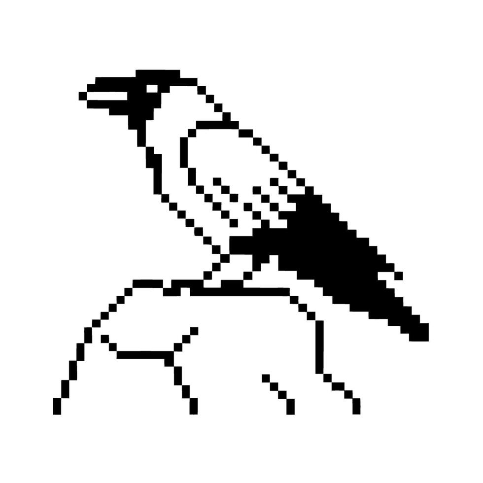 Pixel art raven perched on rock black and white minimalist bird illustration vector