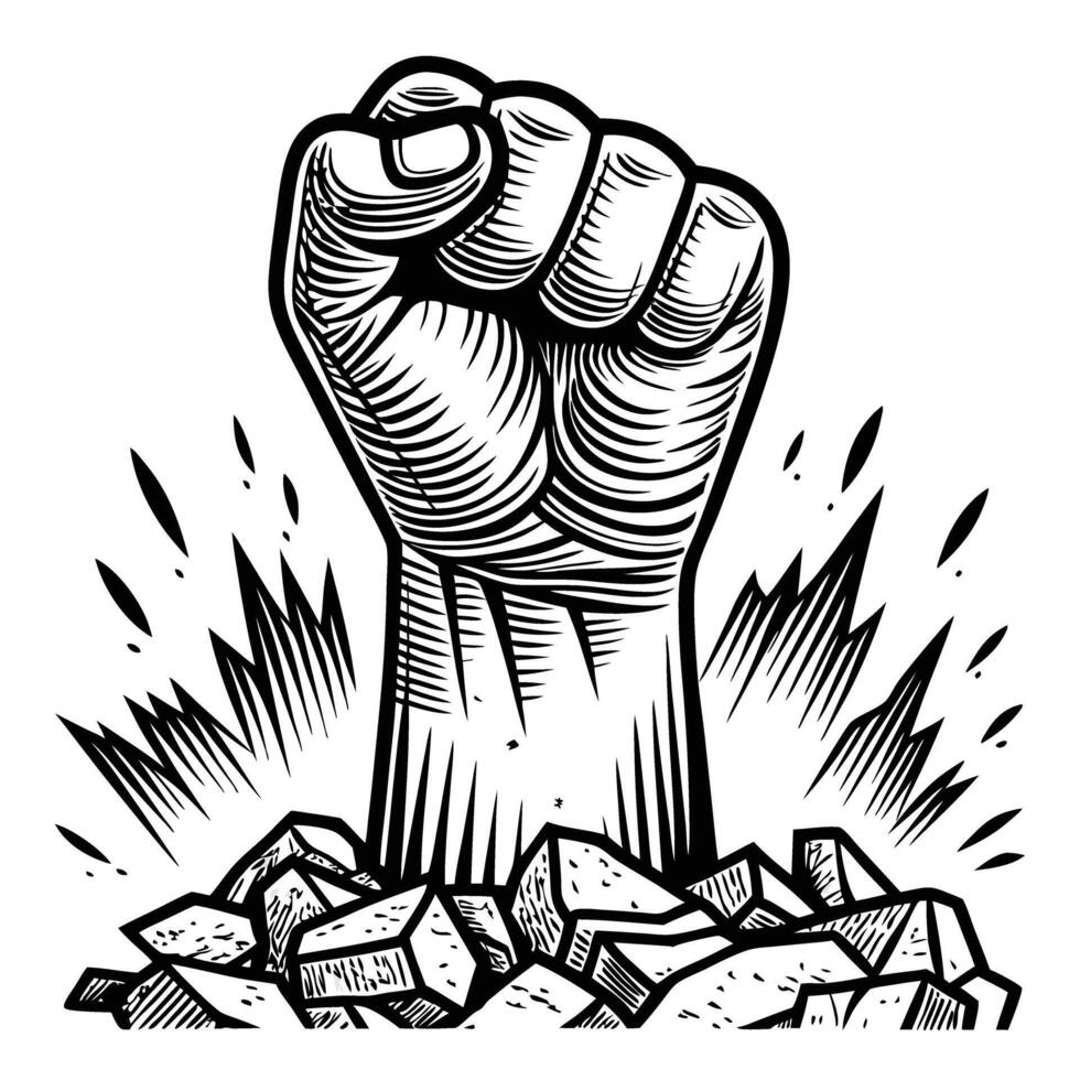 powerful raised fist breaking through bricks symbol of strength, determination, revolution, empowerment, activism vector