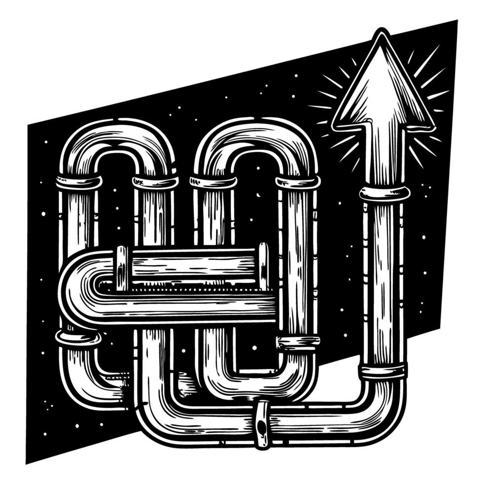 Intricate pipe maze with upward arrow design, symbolizing progress and growth vector