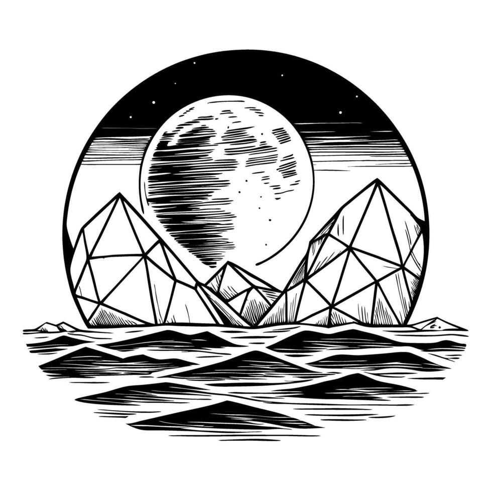 geometric mountains under a full moon night sky and calm water reflection black and white illustration vector