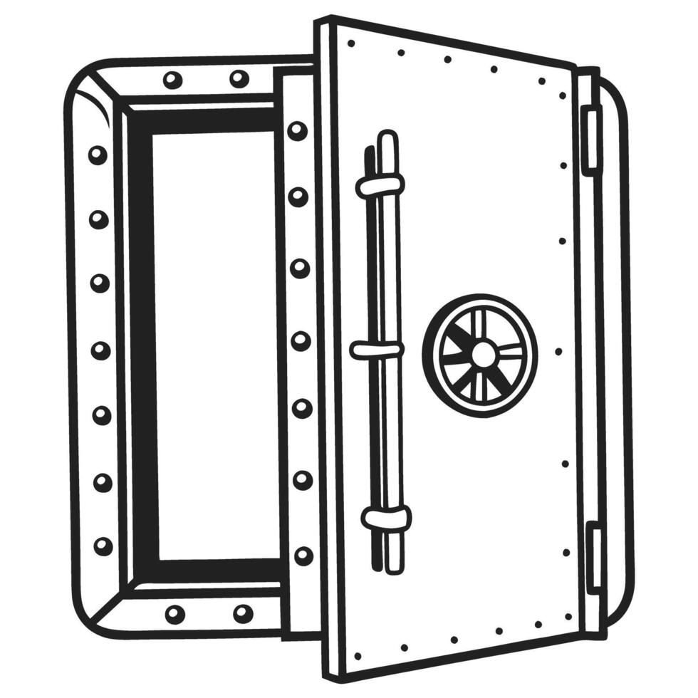 Open vault door metal secure safe illustration, black outline, banking security concept vector