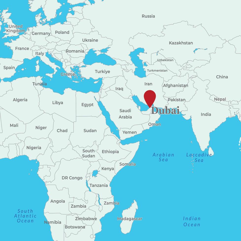 Dubai marked on a map spanning Asia and Africa, highlighting its strategic global location vector