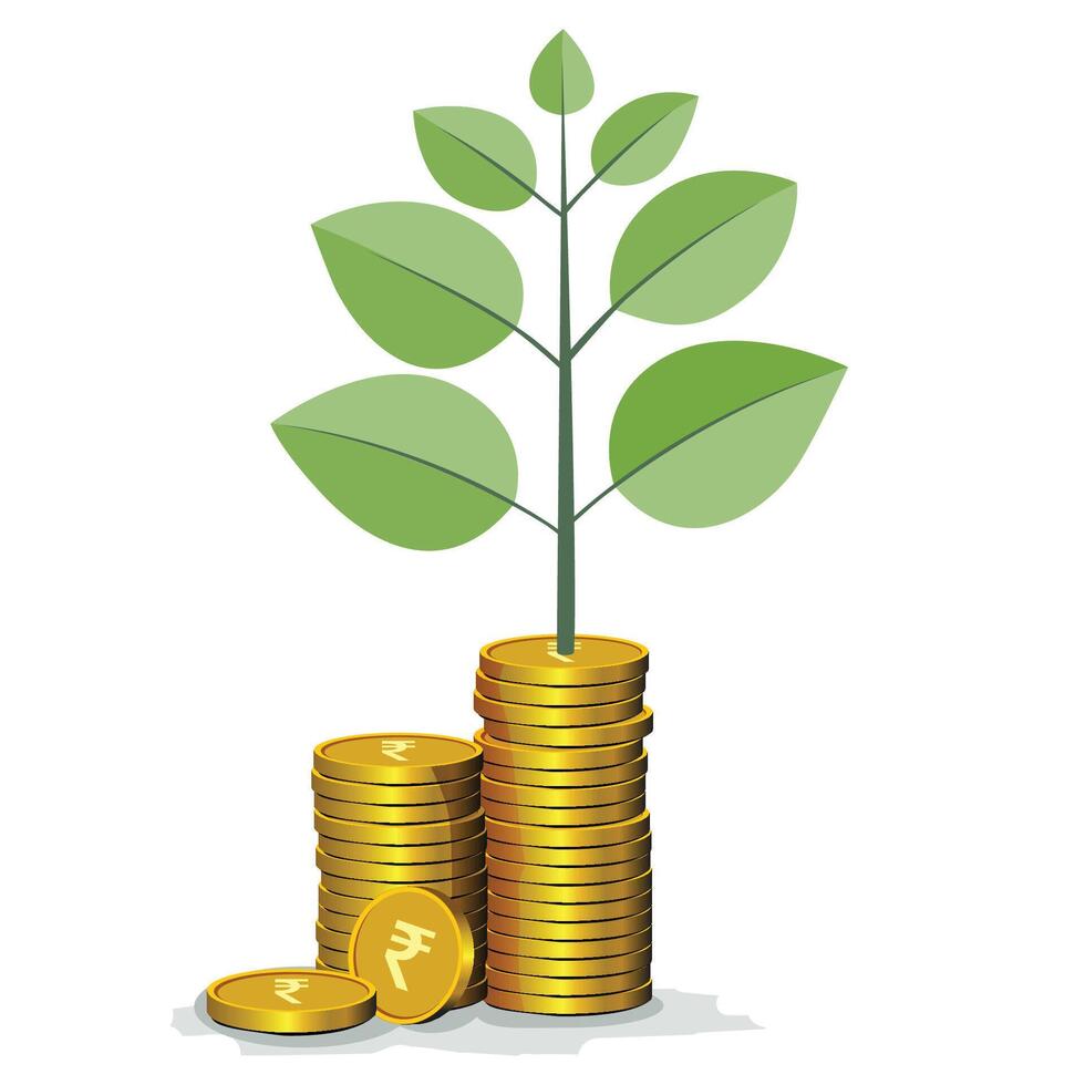 Rupee plant growing on stacked rupee coins showing financial growth, savings, and investment vector