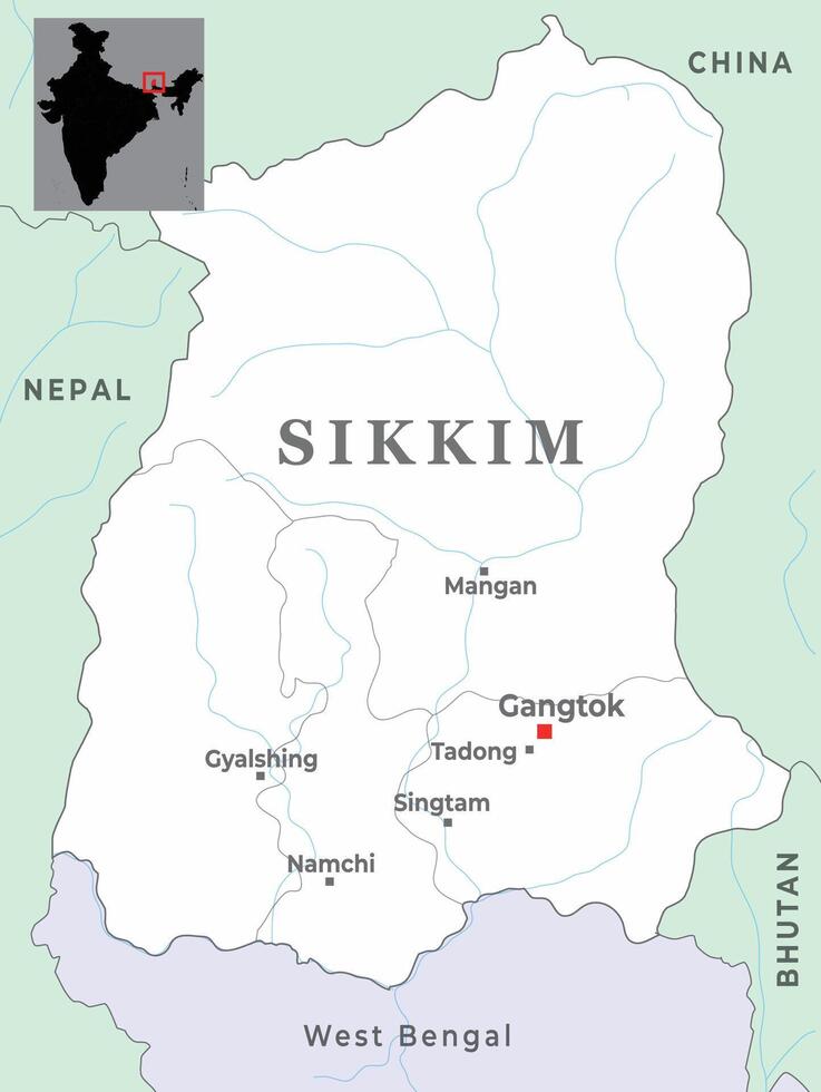 Sikkim is a state of India showing district map with neighbour state vector