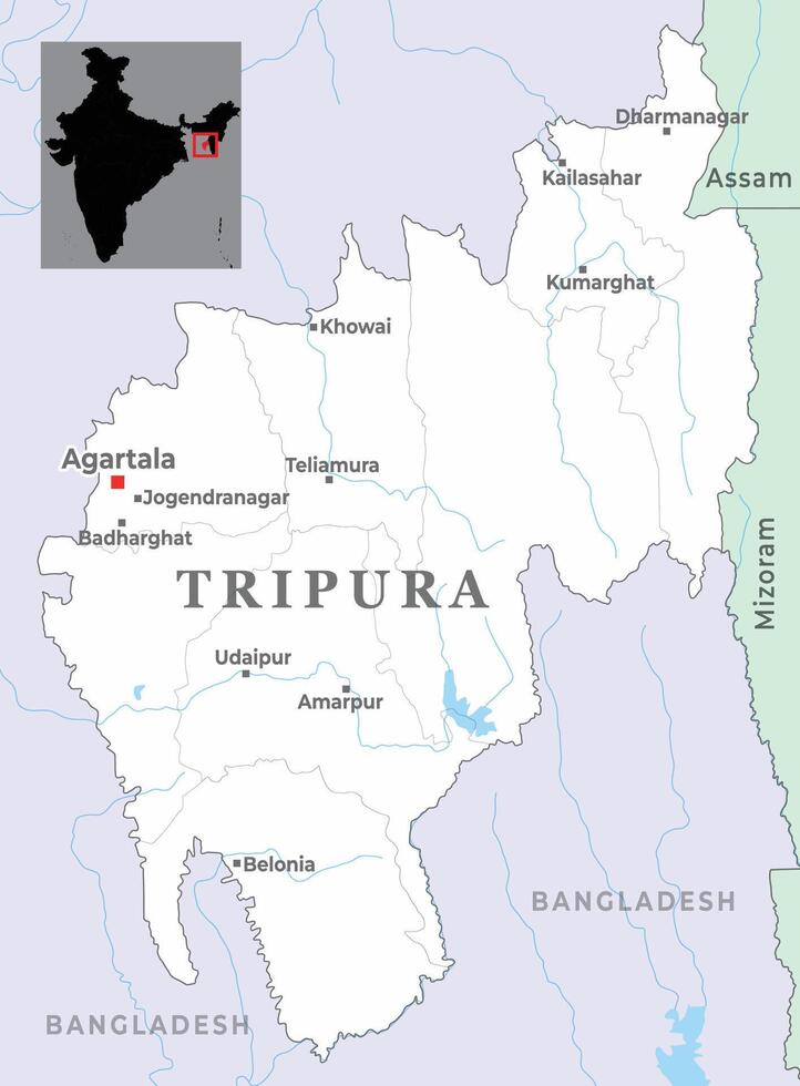 Tripura district map is a indian state, showing neighbour state and country vector