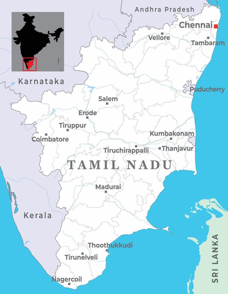 Tamil Nadu district map is a state of India, marked with neighbour state vector