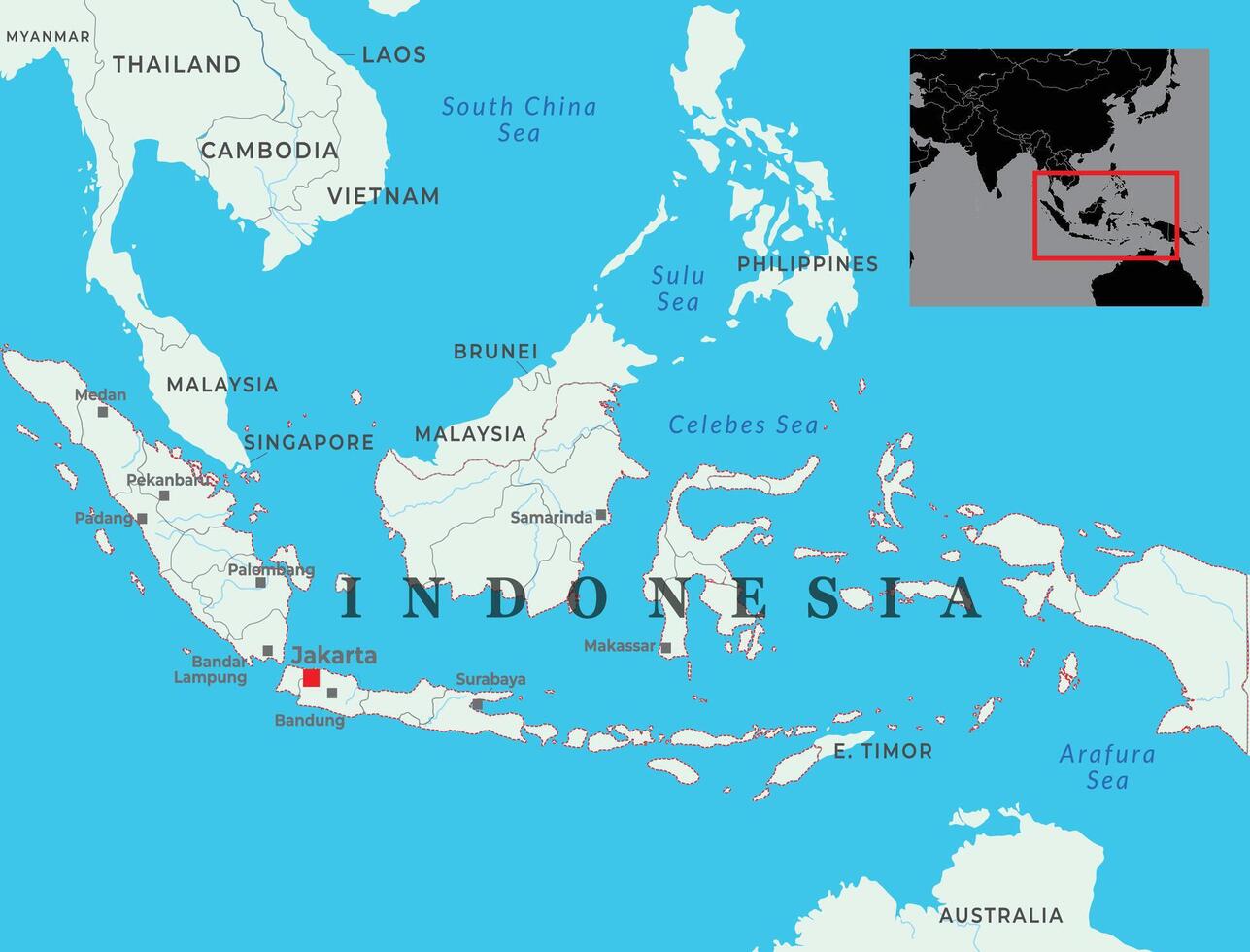 Indonesia map with capital Jakarta, important cities and national borders vector
