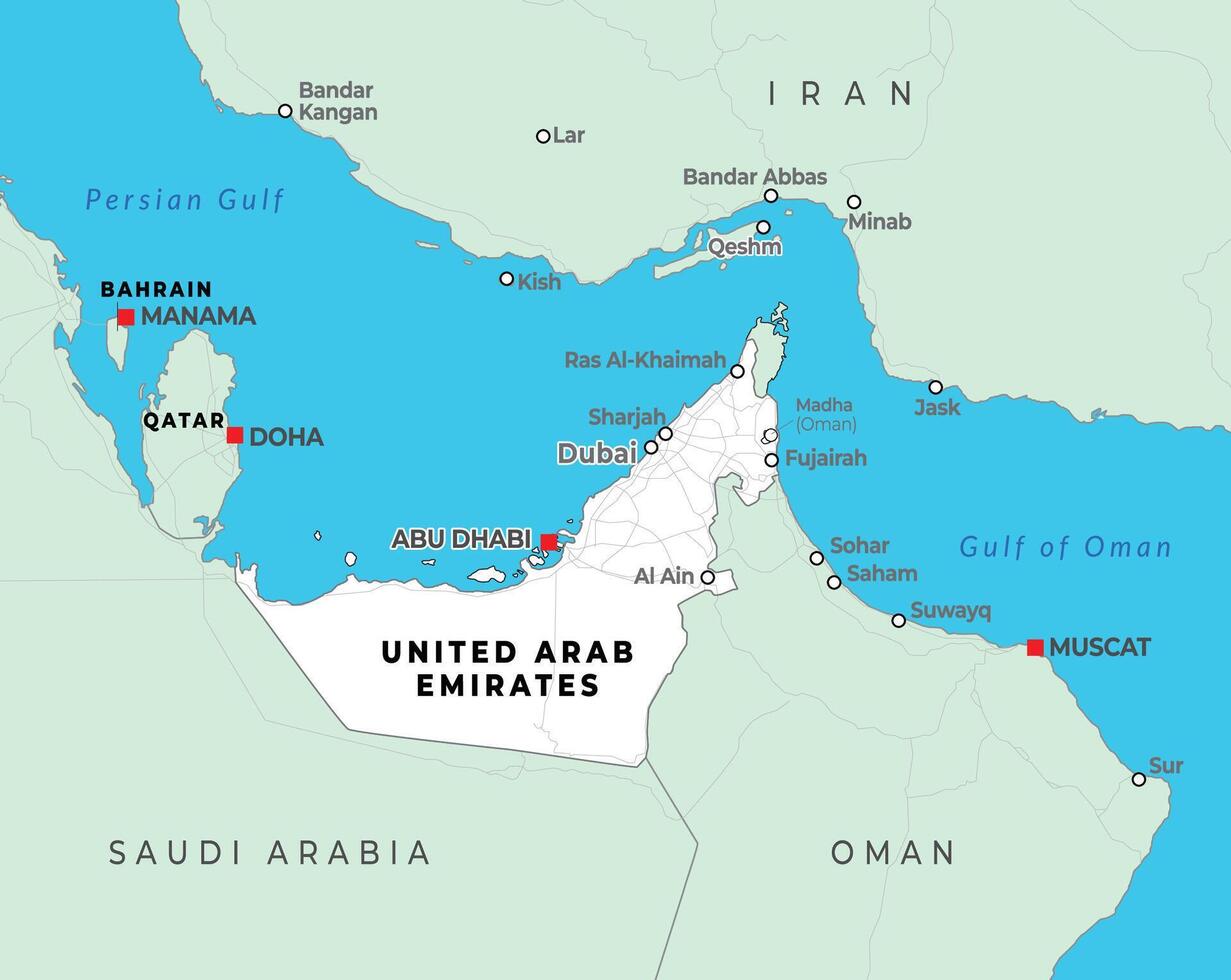 United Arab Emirates map with capital Abu Dhabi, important cities and national borders vector