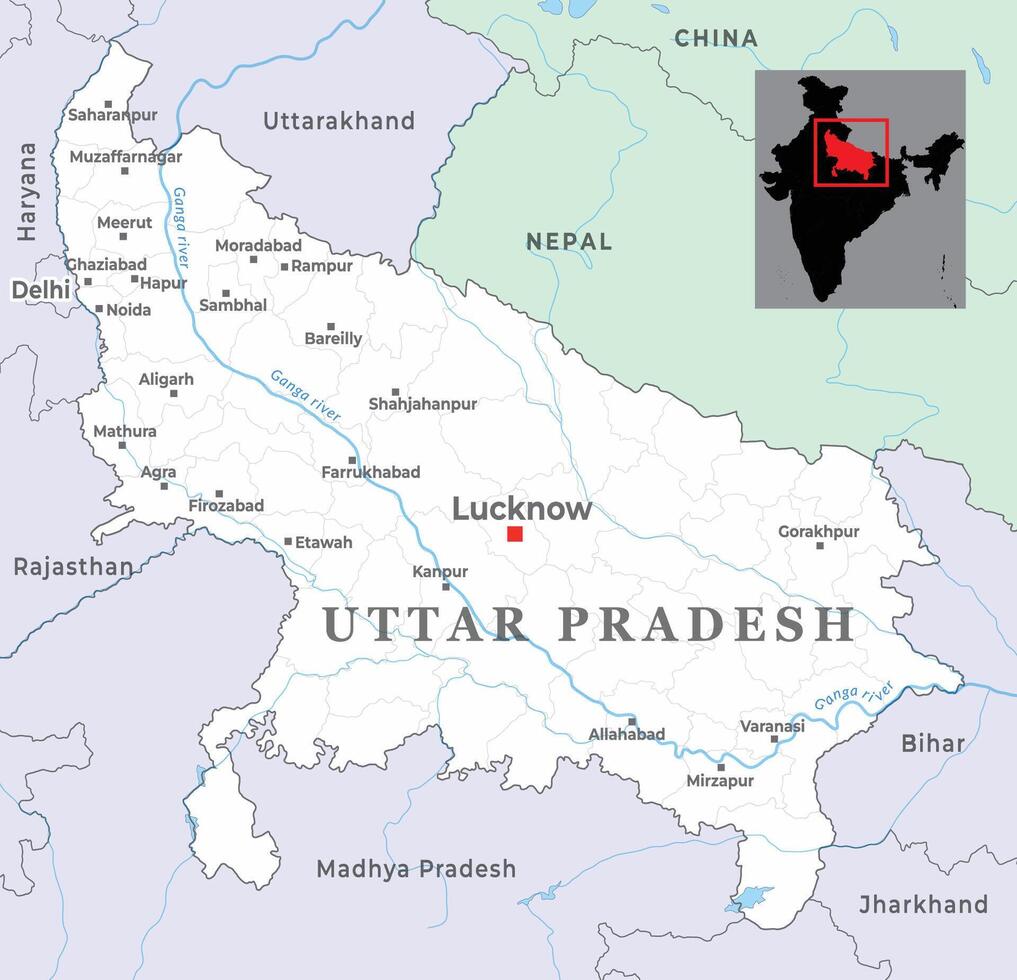 Uttar Pradesh map an Indian state showing its districts and neighbouring states vector