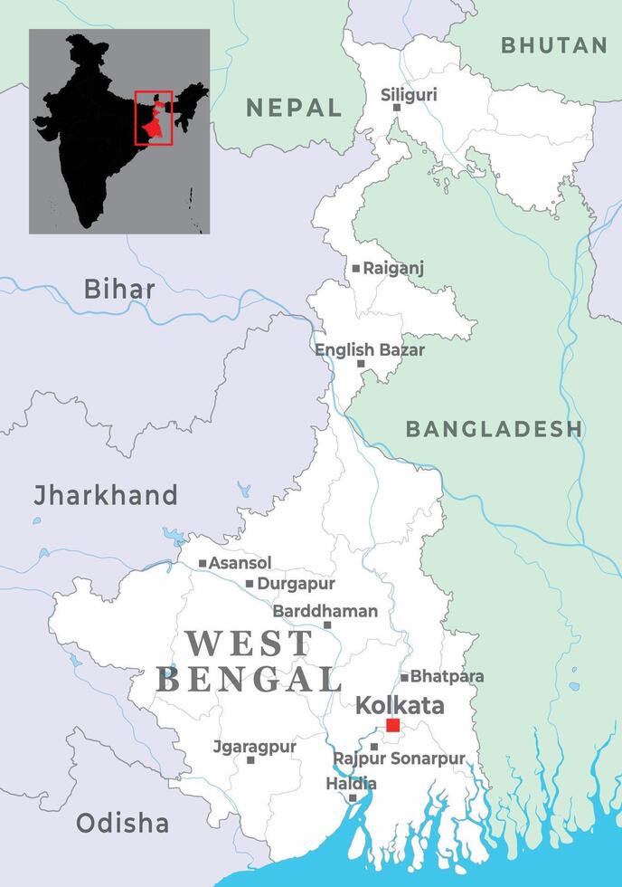 West Bengal district map is a Indian state, With neighbour state and country vector