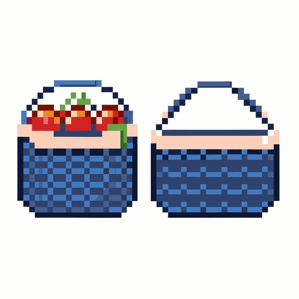Pixel Art Picnic Baskets with Fresh Red Tomatoes and Greenery vector
