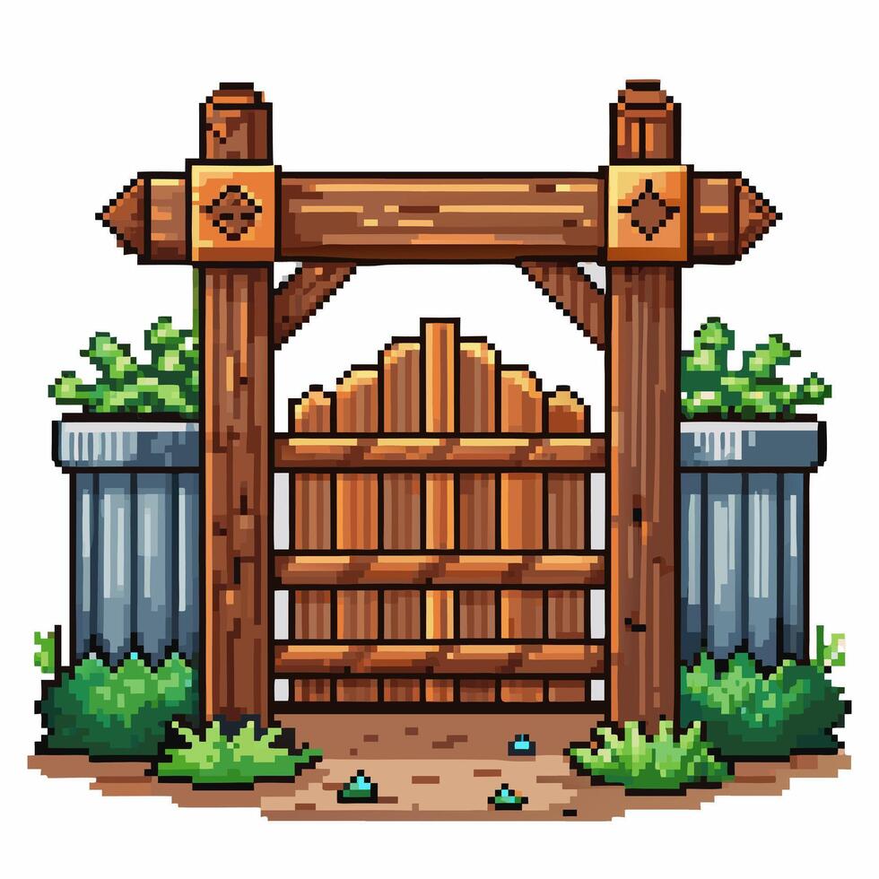 Rustic Wooden Garden Gate with Pixel Art Style Surrounded by Plants vector